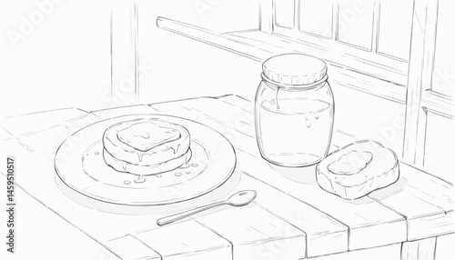 A simple sketch of a breakfast scene with toast and a jar of honey on a wooden table for coloring