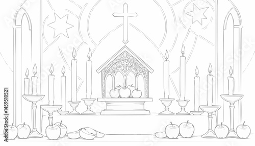 Religious altar scene outline with candles, apples, and a cross for coloring