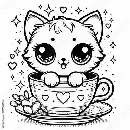 Adorable kitten in a teacup outline with hearts and sparkles for children's coloring