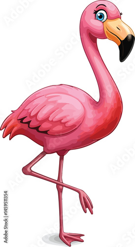 A whimsical cartoon flamingo stands on one leg, showcasing its vibrant pink plumage, distinctive beak, and large blue eyes against a white backdrop.
