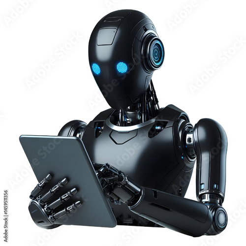 Ai robot using tablet isolate on White background