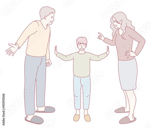 An illustration depicting a family conflict where parents and their child reveal deep emotional distress