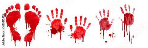 Bloody red handprints and footprints with dripping paint effect on transparent background, horror-themed texture for Halloween, crime scene, or thriller poster designs
