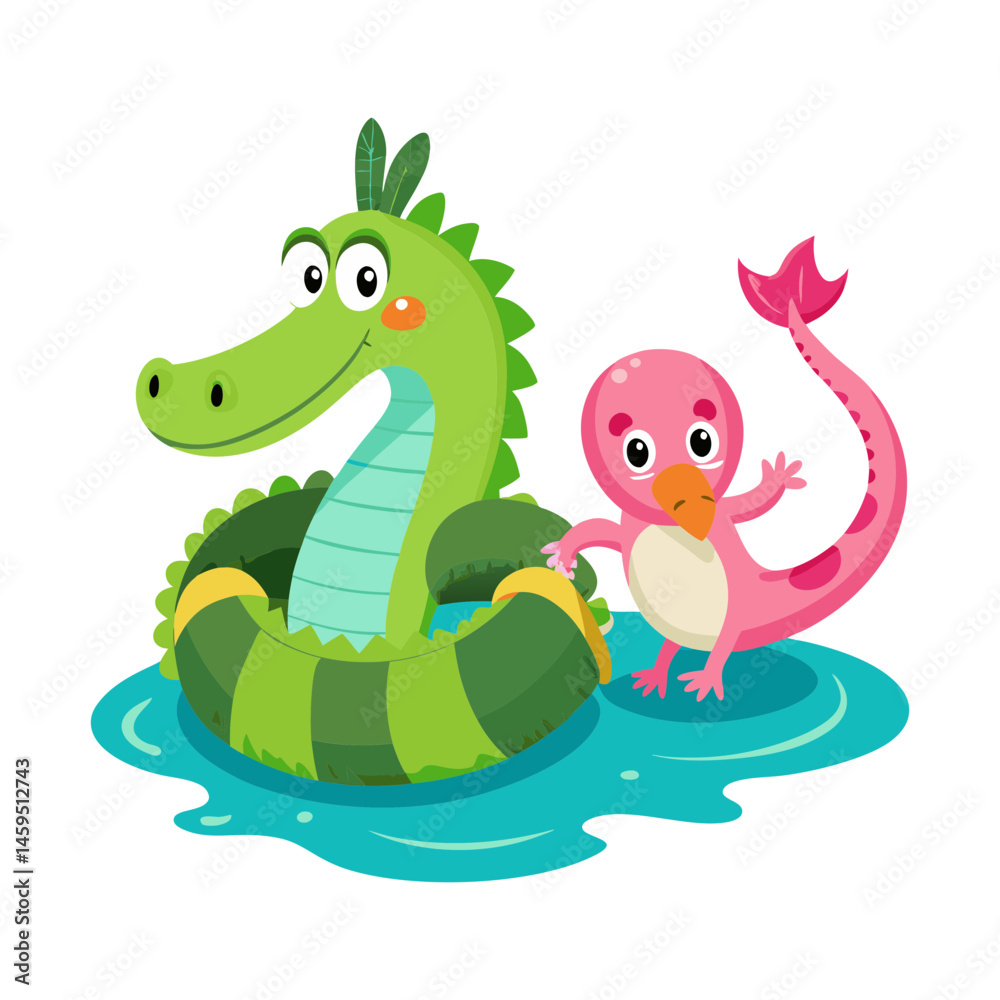Obraz premium Download Cute Crocodile With Flamingo Swimming Tires Cartoon Vector Eps File For Design.