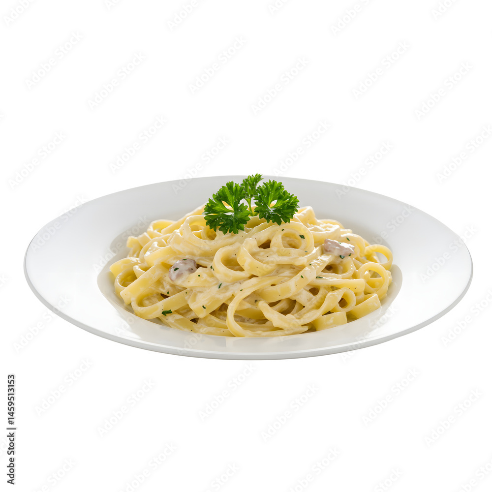 Close up of fettuccine alfredo with parsley garnish on a round plate against a plain background on transparent background Close up of fettuccine alfredo with parsley garnish on a round plate against a plain background on transparent background