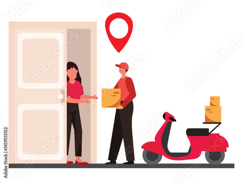 Online home delivery Service concept.delivery man giving package delivery courier to customer vector illustration