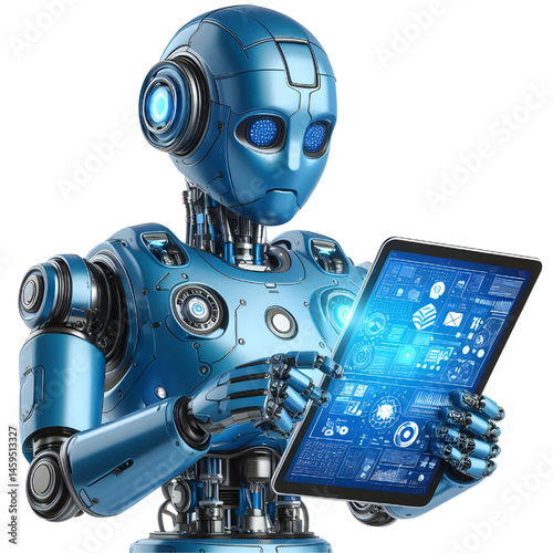 Ai robot using tablet isolate on White background