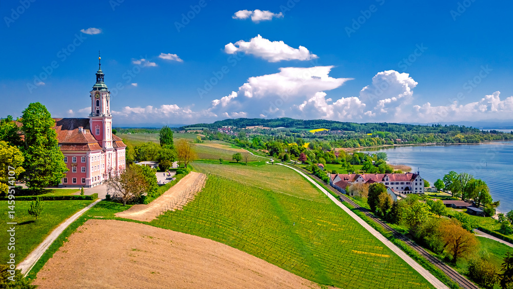 Aerial view over Birnau Cathedral and Lake Constance at Uhldingen-Mühlhofen in Baden-Württemberg, Germany