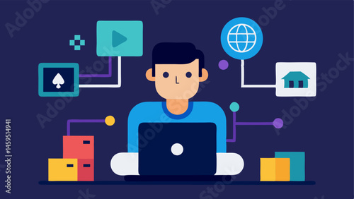 Game Development A game developer at a computer surrounded by code and blockchain symbols illustrating the integration of blockchain in game creation.