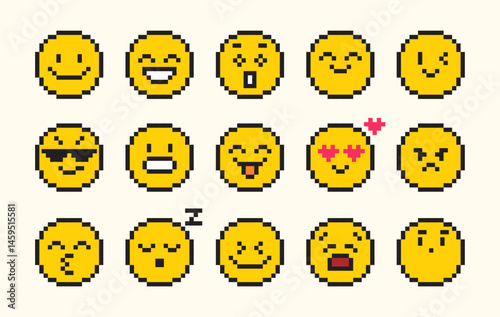 pixel art emoticon set, mood and emotion, y2k retro style, icon and symbol concept