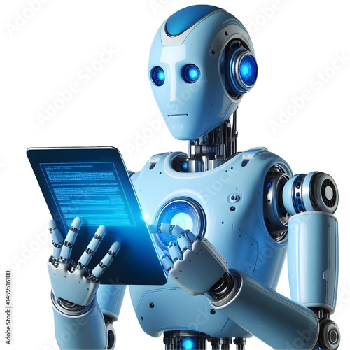 Ai robot using tablet isolate on White background