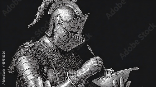 Medieval Knight's Unexpected Feast: A whimsical illustration of a knight enjoying a simple meal,    