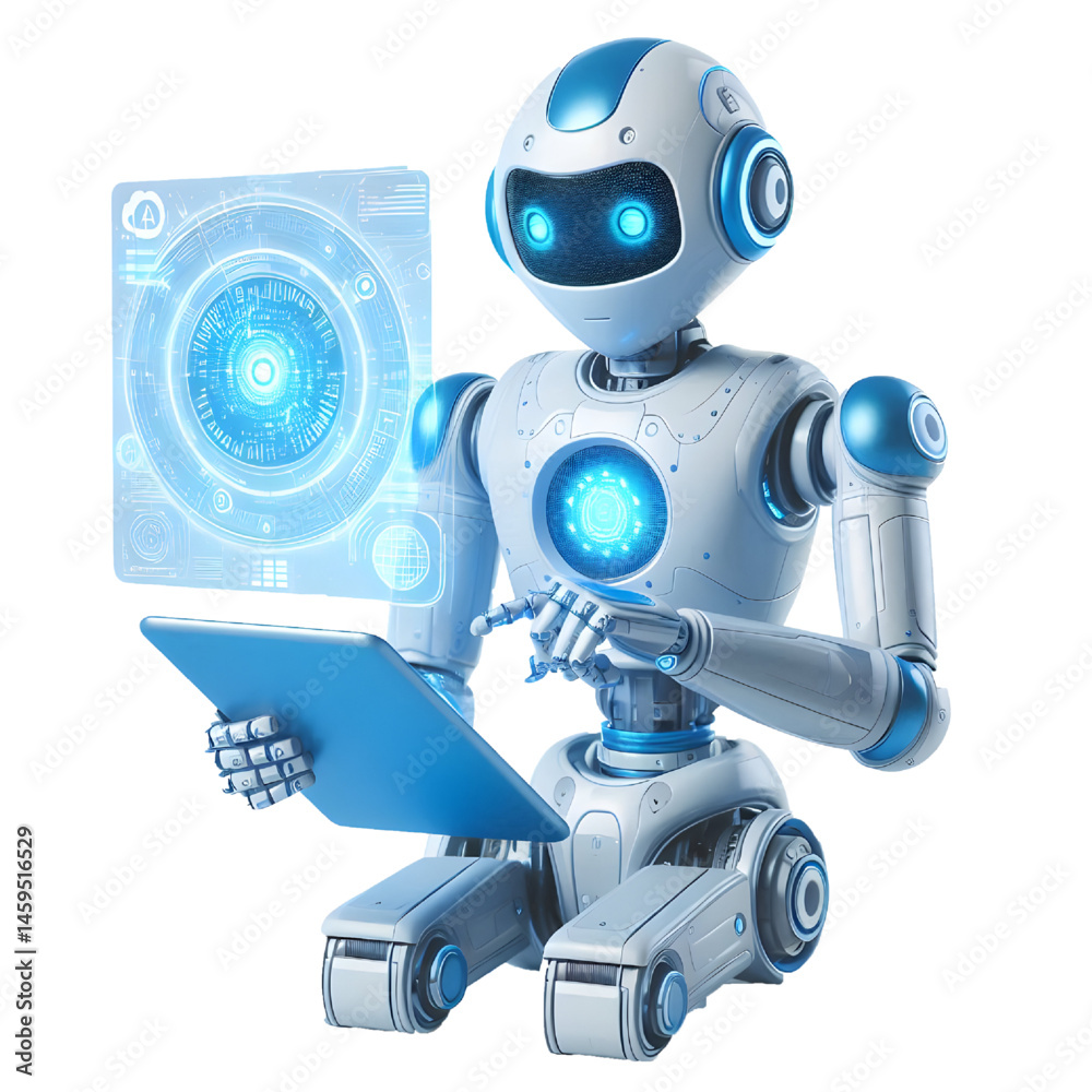 Ai robot using tablet isolate on White background