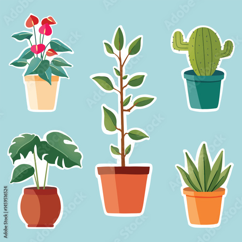 Collection of cute houseplant stickers. Includes a variety of potted indoor plants such as anthurium, monstera, cactus and generic plant. For asset, graphic element, planner, journal, children