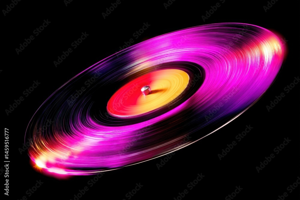 Spinning vinyl record with vibrant colors captured in motion