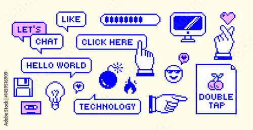 Retro Pixel Technology stickers. Y2k computer interface elements set. Old Fanny PC UI icon assets for computer, floppy disc, audio cassette, battery, speech bubble, finger heart. isolated items