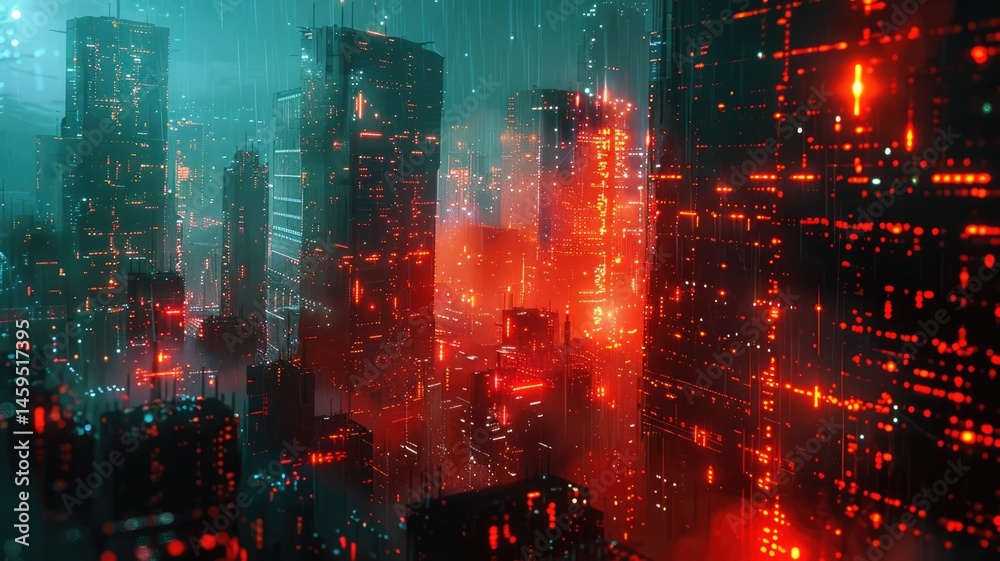 Abstract picture with digital style scenery, high tech building scatter around glow fantasy neon light. Cyberspace scene with technology design construction and electric particle flow around. AIG53.