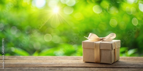 A thoughtfully wrapped gift box rests on rustic wood, bathed in sunlight filtering through a vibrant green natural backdrop.
