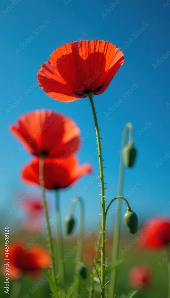 Fototapeta premium Close-up of scarlet poppies set against a deep blue sky , vibrant, blue