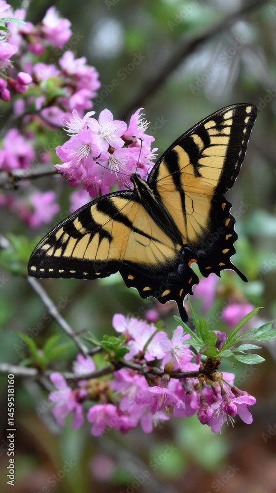 Fototapeta premium Eastern tiger swallowtail butterfly feeding on pink rhododendron flowers in a natural outdoor setting, spring wildflower blooms