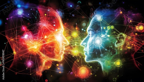 Two faces in close proximity, radiating vibrant colors.