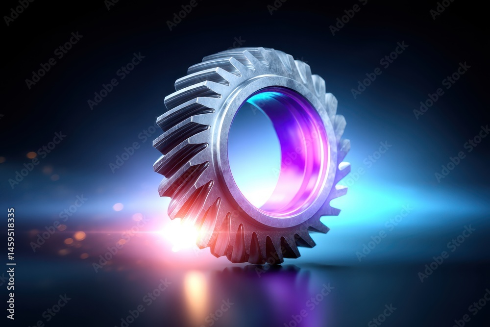 Colorful illuminated gear with blue pink neon light