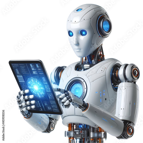 Ai robot using tablet isolate on White background