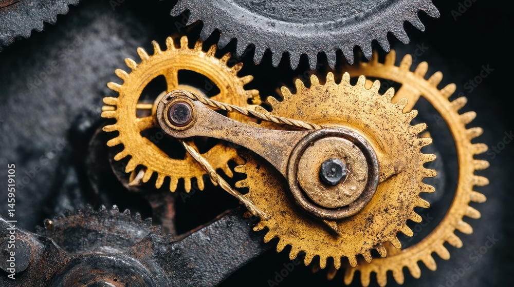 Intricate mechanics of vintage brass clock gears