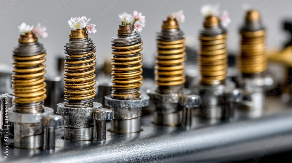 Tiny flowers in metal springs: blend of nature industry