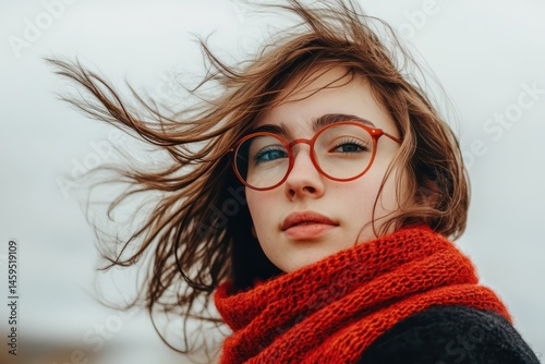 Woman with red scarf and glasses in windy weather