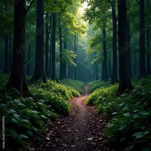 Dark, winding path leads to a small, keyhole-shaped clearing in dense woods , intense, dense, moody