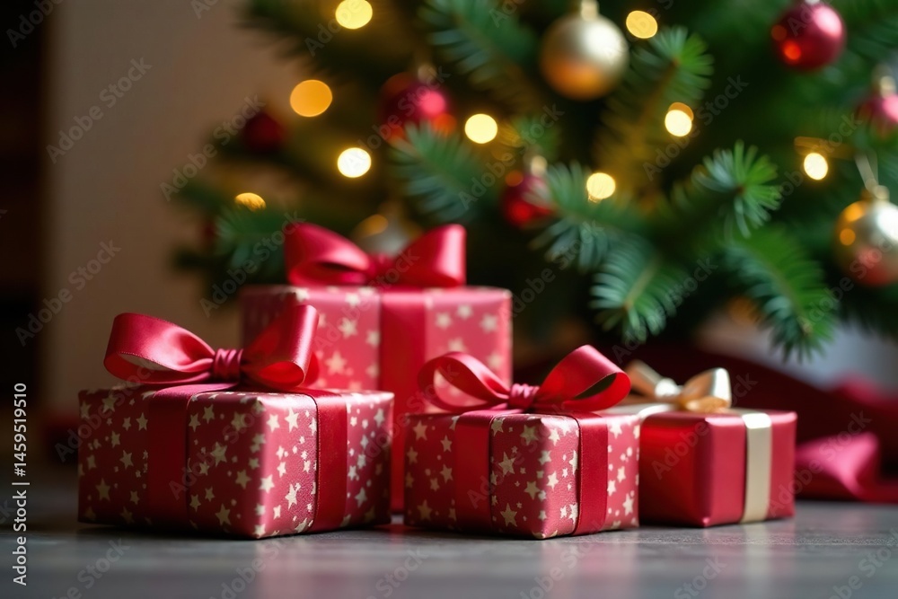 Brightly wrapped gifts with elegant satin ribbons beneath a sparkling Christmas tree , Christmas, xmas Brightly wrapped gifts with elegant satin ribbons beneath a sparkling Christmas tree , Christmas, xmas