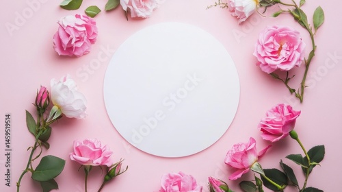 A circular white space surrounded by pink roses and blossoms on a pink background.