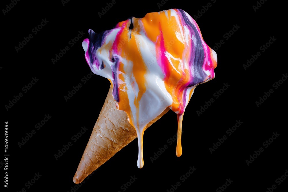 Melting colorful ice cream cone on black background