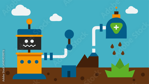 Environmental Cleanup An illustration of tiny machines detecting and breaking down toxins in soil or water environments shown with a beforeandafter effect.