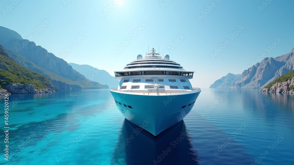 Naklejka premium A large white cruise ship in a turquoise lagoon surrounded by mountains