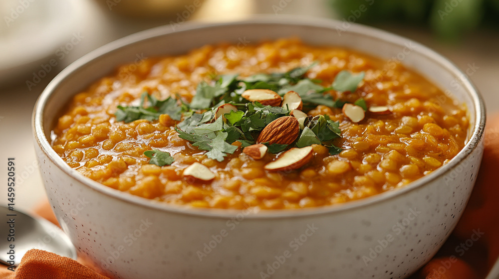 Red lentil soup served in a white bowl, topped with almonds and herbs, with orange linens and spoon Red lentil soup served in a white bowl, topped with almonds and herbs, with orange linens and spoon