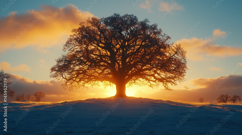 Fototapeta premium Majestic oak tree at winter sunrise (1)
