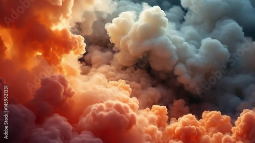 Thick Orange and Grey Steam Clouds in Seamless 4K Loop – Rising Wall of Smoke with Cinematic Lighting, High Detail, Perfect for Dramatic Backgrounds