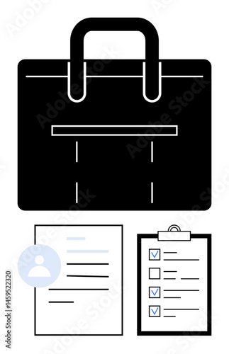 Black briefcase, clipboard with checklist, and personal profile document. Ideal for business, productivity, career, organization, management, job application simple landing page