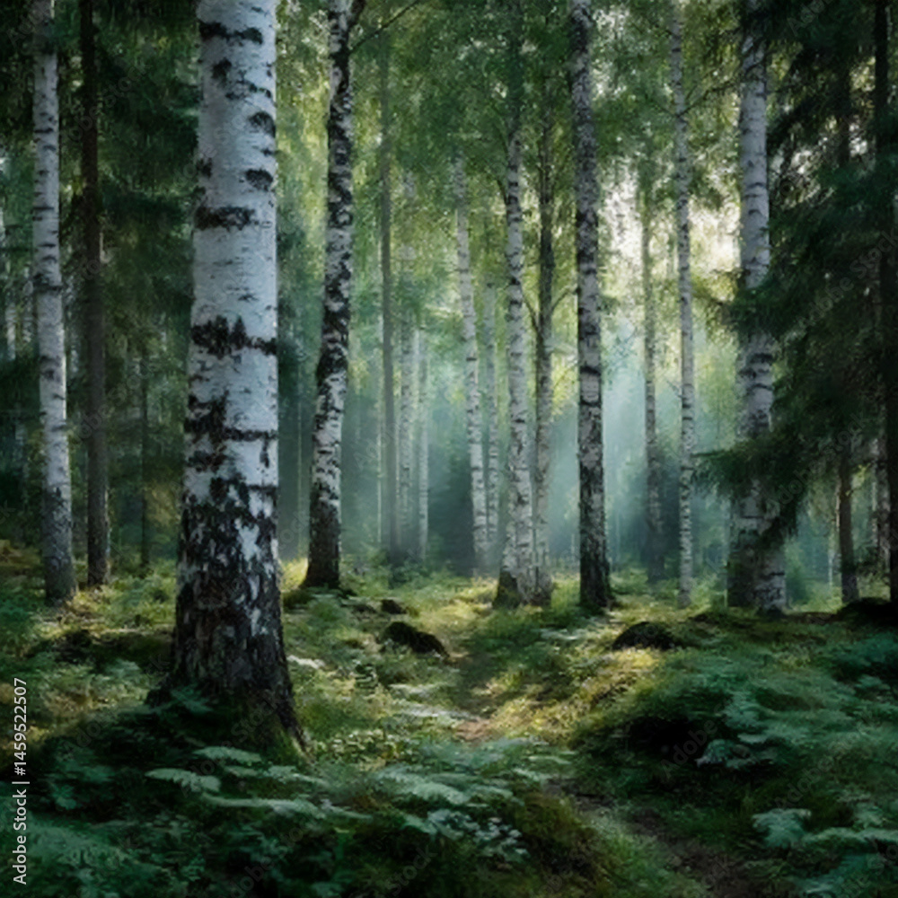 Fototapeta premium sunlit birch forest with white bark trees