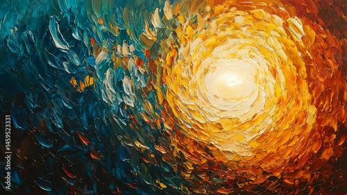 Vibrant abstract painting of a dazzling sun surrounded by whimsical colors and dynamic brush strokes