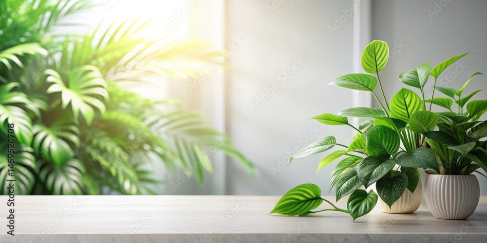 Serene Indoor Greenery Lush Foliage in Elegant Pots on a Bright Wooden Surface