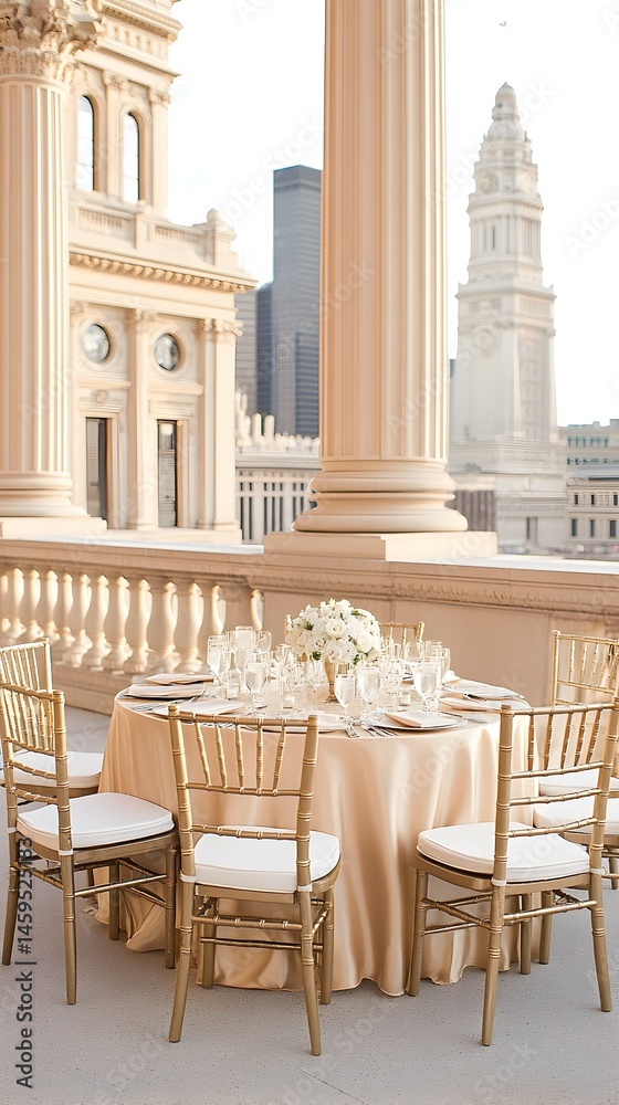 Naklejka premium Elegant outdoor reception table setting on a terrace overlooking a city skyline with classic architecture