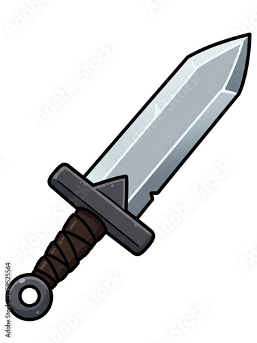 Stylized starting sword for a fantasy game, short and plain with a basic steel blade and leather-wrapped grip, cartoon illustration on a transparent background.