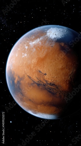 Martian planet with icy polar cap in space and scattered stars