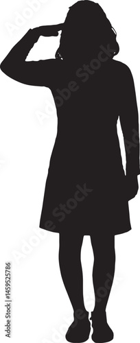 vector; silhouette front view of a standing woman showing the military salute