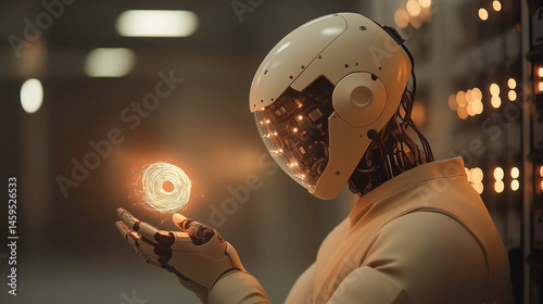 Cybernetic humanoid electrician holding a glowing coil of smart wire, surrounded by high-tech electrical panels and sensors in a sci-fi lab environment. Concept of advanced robotics, electrical innova