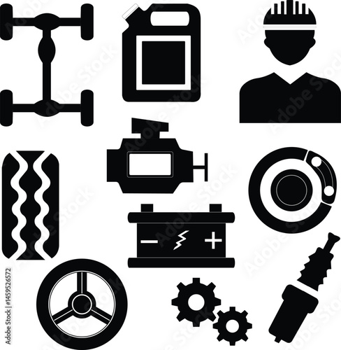 Automotive Icon Set Featuring Engine, Battery, Tire, Oil, Brake Disc, Spark Plug, Gears, Steering Wheel, and Mechanic – Black Silhouettes for Auto Repair and Service