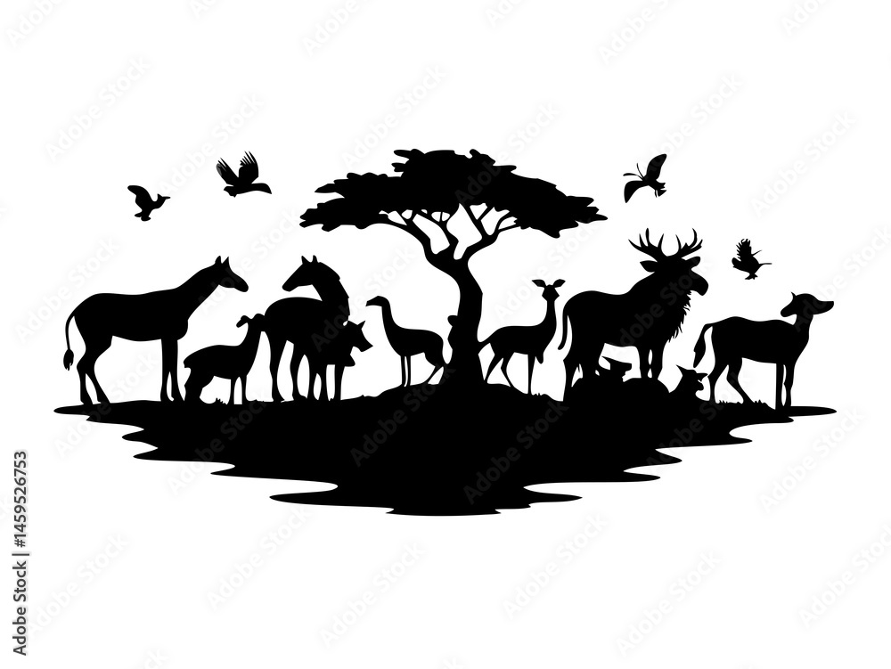 Fototapeta premium Sunset Silhouette of Animals at Watering Hole, African Savanna Scene, Wildlife at Dusk, Nature Landscape Art, On Transparent Background